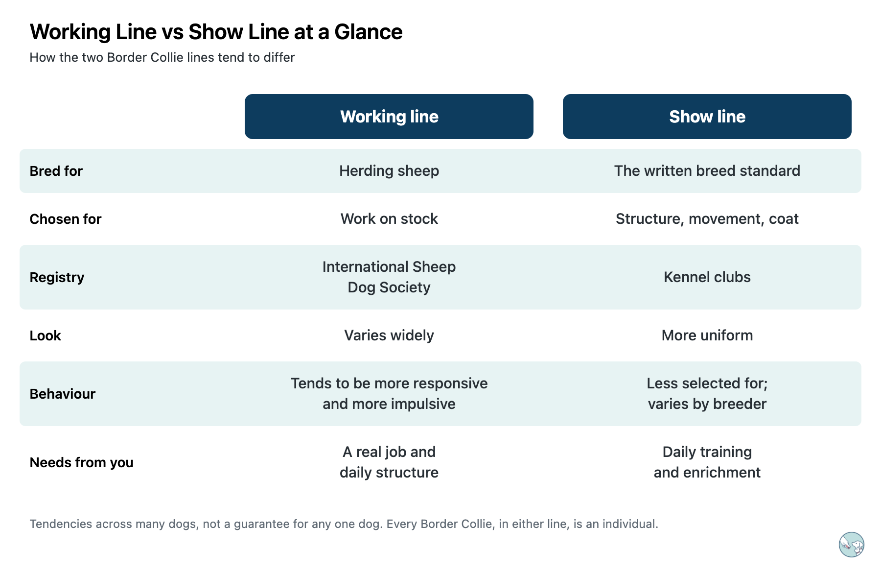 Working line vs show line Border Collies at a glance. Bred for: herding sheep vs the written breed standard. Chosen for: work on stock vs structure, movement and coat. Registry: International Sheep Dog Society vs kennel clubs. Look: varies widely vs more uniform. Behaviour: tends to be more responsive and more impulsive vs less selected for and varies by breeder. Needs from you: a real job and daily structure vs daily training and enrichment.