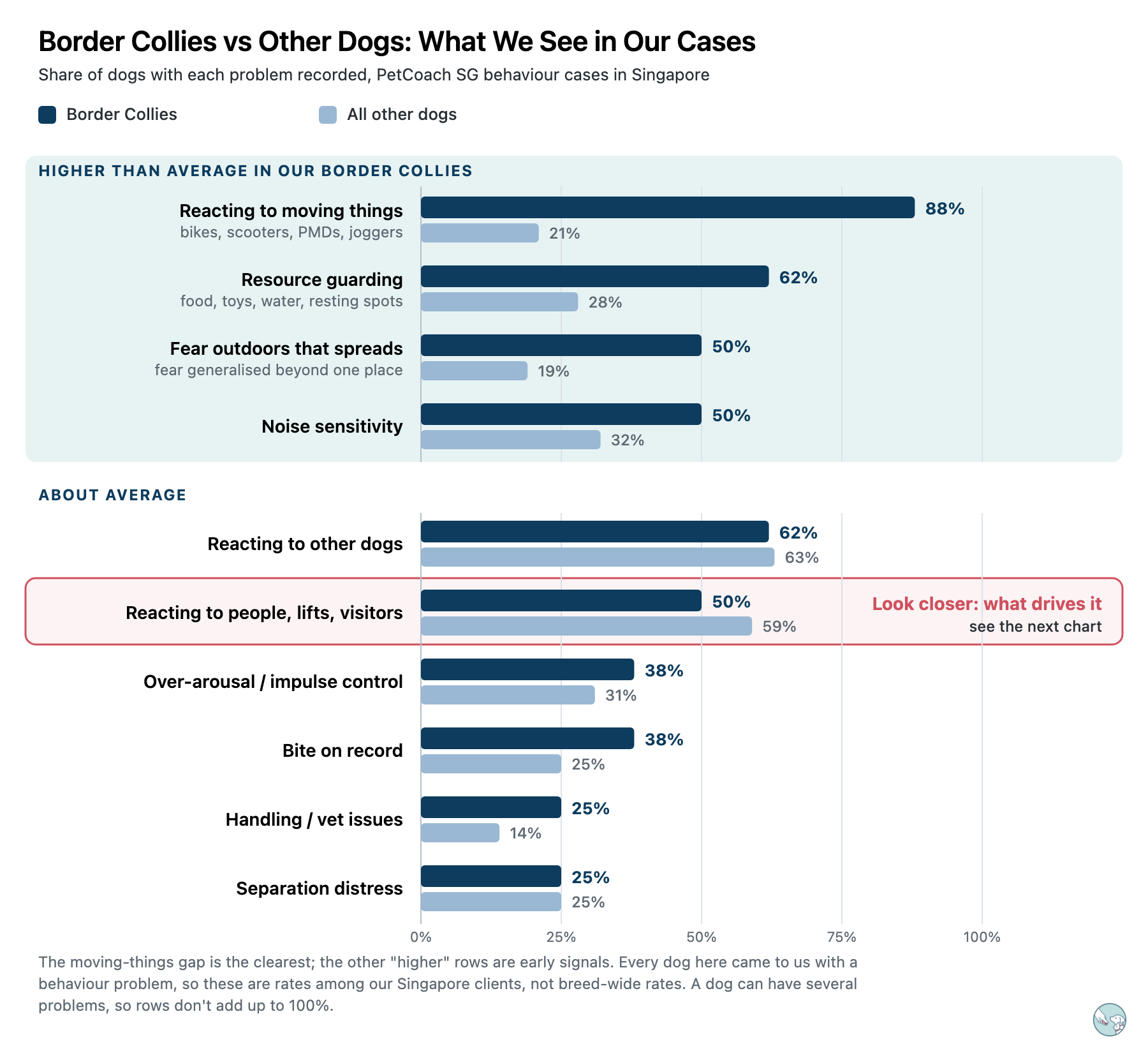 Bar chart comparing problems seen in Border Collies with other dogs in PetCoach SG behaviour cases in Singapore. Reacting to moving things 88% vs 21%; resource guarding 62% vs 28%; fear outdoors that spreads 50% vs 19%; noise sensitivity 50% vs 32%; reacting to people and lifts 50% vs 59%.