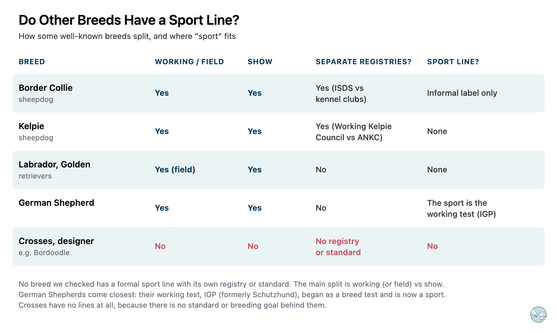 Table of how breeds split. Border Collie: working and show lines with separate registries (ISDS and kennel clubs); sport line is an informal label only. Kelpie: working and show lines with separate registries (Working Kelpie Council and ANKC); no sport line. Labrador and Golden Retriever: field and show lines in the same registry; no sport line. German Shepherd: working and show lines in the same registry; the sport is the working test (IGP). Crosses and designer dogs: no lines, no registry or standard.